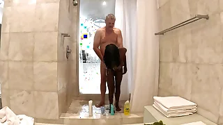 Sexy Black Milf takes a hot steamy shower with sallow sugar papa at his penthouse